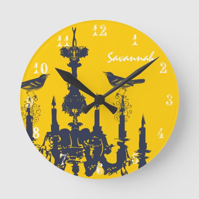 Personalized Mustard Yellow Chandelier Bird Clock (Front)