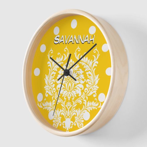 Personalized Mustard Yellow Damask Wall Clock