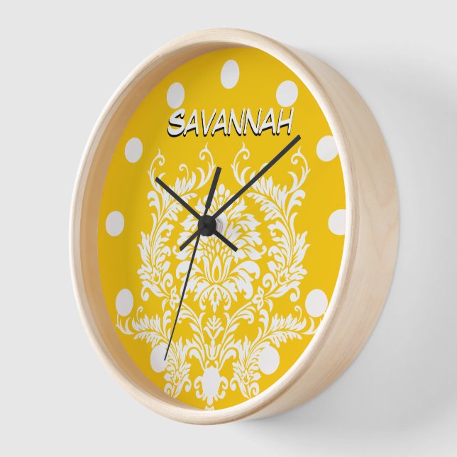 Personalized Mustard Yellow Damask Wall Clock (Angle)