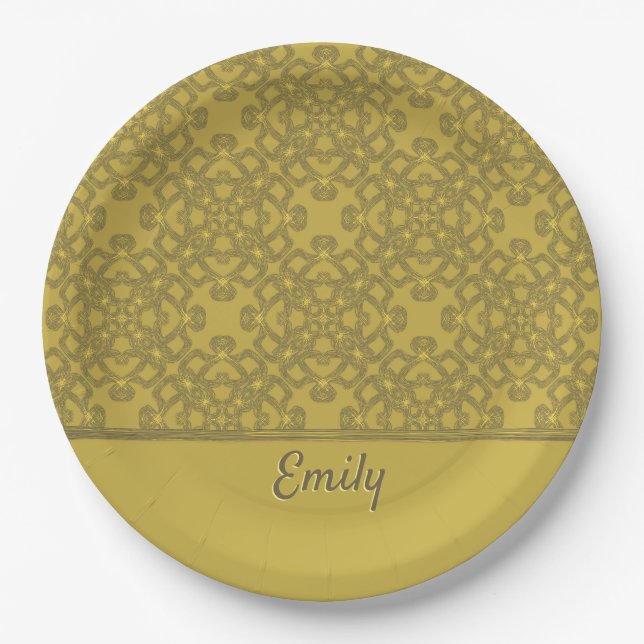 Personalized Mustard Yellow Pattern Paper Plates (Front)