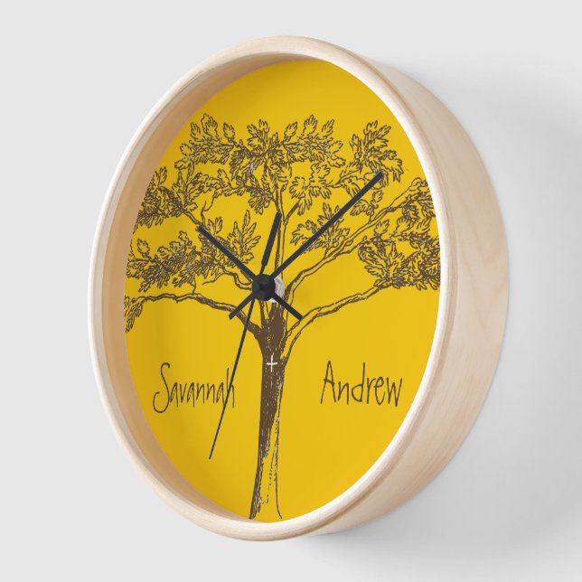 Personalized Mustard Yellow Vintage Tree Clock (Angle)
