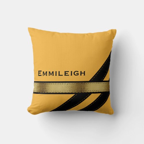 Personalized Mustard Yellow wGold Black Stripes Throw Pillow