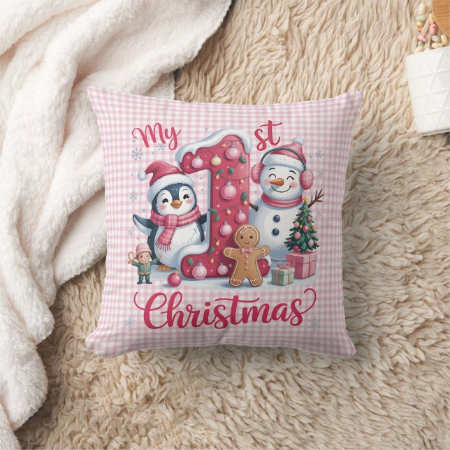Personalized My 1st Christmas Pink & White Checker Throw Pillow (Blanket)
