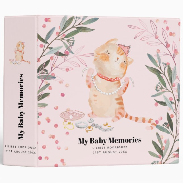 Personalized My Baby Memories Princess Kitten Lili 3 Ring Binder (Front/Spine)
