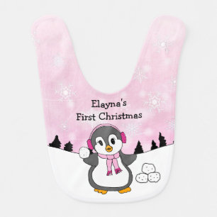 Personalized My First Christmas, Cute Penguin Baby Bib