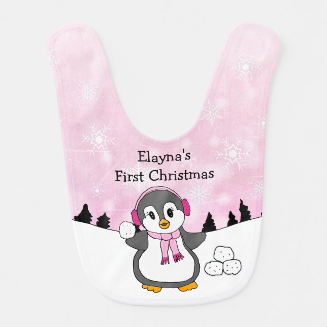 Personalized My First Christmas, Cute Penguin Baby Bib (Front)