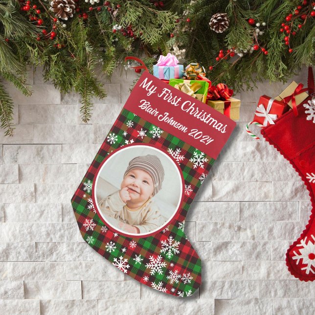 Personalized My First Christmas Photo Plaid Small Christmas Stocking (Creator Uploaded)