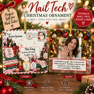 Personalized Nail Tech Christmas Postcard Photo Ceramic Ornament