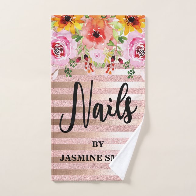 Personalized Nails Rose Gold Glitter Floral Hand Towel (Hand Towel)