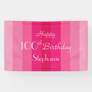 Personalized Name 100th Birthday Pink Stripes Banner