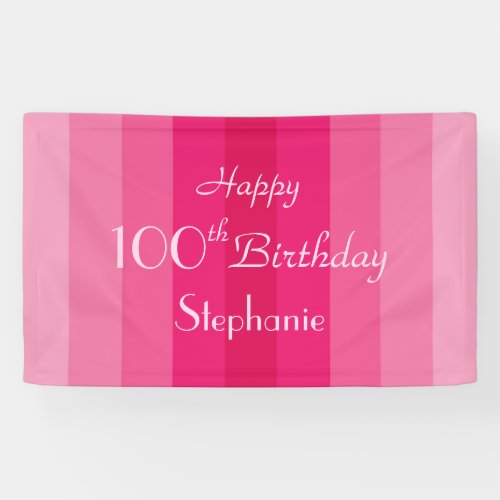 Personalized Name 100th Birthday Pink Stripes Banner