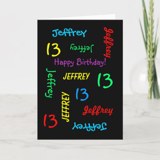 Personalized Name, 13th Birthday Black Greeting Card