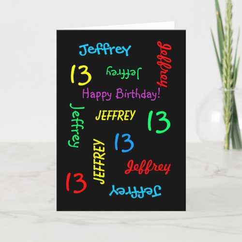 Personalized Name 13th Birthday Black Greeting Card