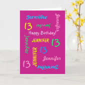 Personalized Name, 13th Birthday, Pink Greeting Card (Yellow Flower)