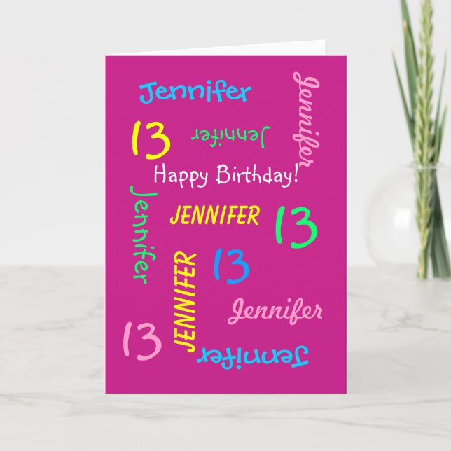 Personalized Name, 13th Birthday, Pink Greeting Card (Front)