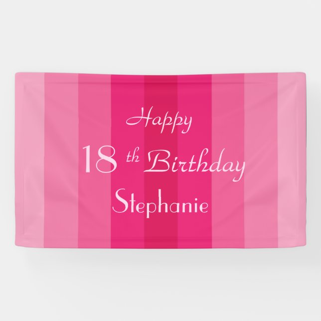 Personalized Name 16th 18th Birthday Pink Stripe Banner (Horizontal)