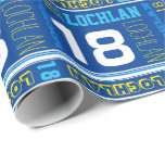 Personalized name 18th birthday sport wrap wrapping paper<br><div class="desc">Sporty stripe and text design personalized age 18 birthday boys gift wrapping paper, featuring graphic typography and your own name in blue, white, yellow and aqua. Personalize with your own name (please note not all names will fit due to the nature of the font) and age, currently reads Lochan 18,...</div>