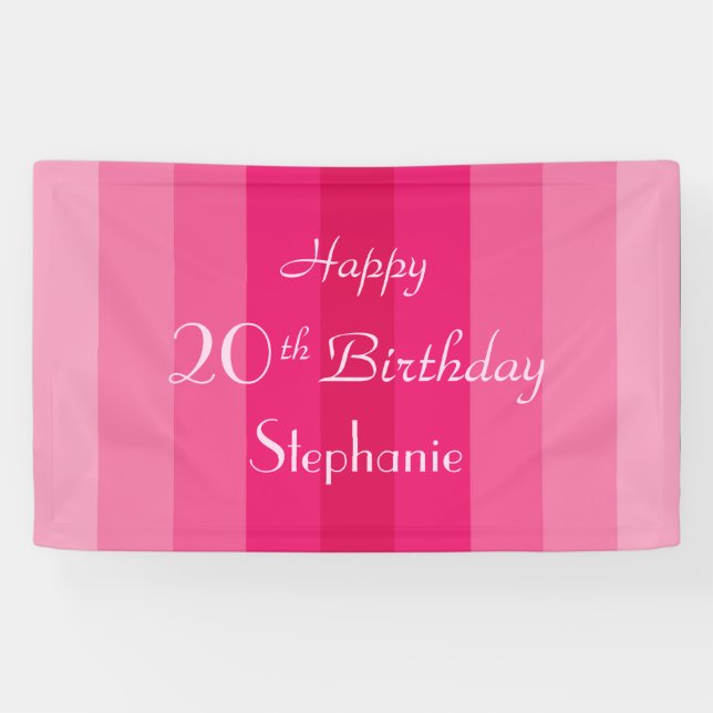 Personalized Name 20th 25th Birthday Pink Stripe Banner (Horizontal)
