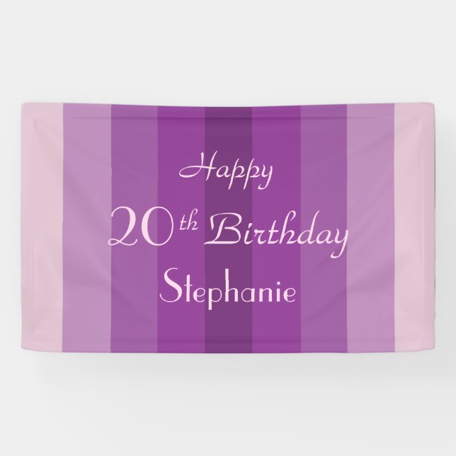 Personalized Name 20th 25th Birthday Purple Stripe Banner (Horizontal)