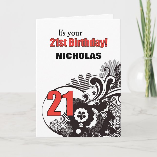 Personalized Name 21st Birthday Religious Swirls Card (Front)