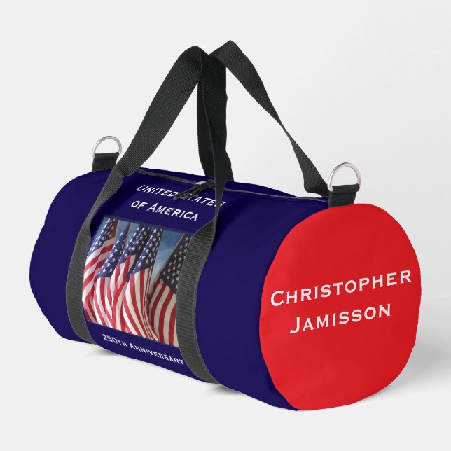 Personalized Name 250th Anniversary USA Flags Duffle Bag (Left Corner)