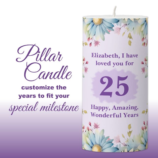 Personalized name 25 years gerbera flowers purple pillar candle (Creator Uploaded)