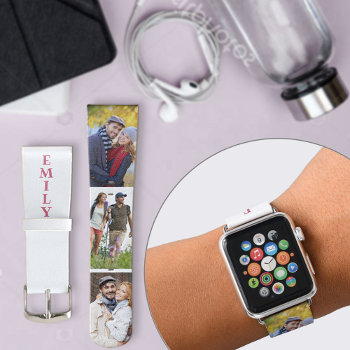 Personalized Name 3 Photo Strip Collage Pink White Apple Watch Band by darlingandmay at Zazzle