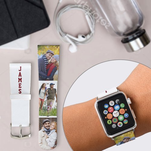 Personalized Name 3 Photo Strip Collage Red White Apple Watch Band
