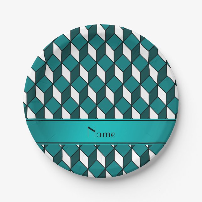 Personalized name 3d turquoise squares paper plates (Front)