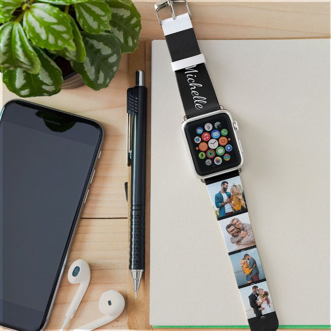 Personalized Name 4 Photo Collage Black and White Apple Watch Band (Creator Uploaded)