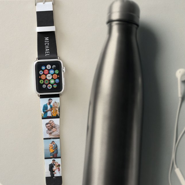 Personalized Name 4 Photo Collage Black White Apple Watch Band (Creator Uploaded)