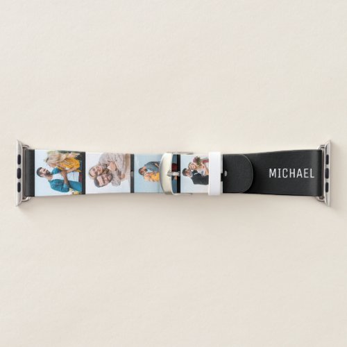 Personalized Name 4 Photo Collage Black White Apple Watch Band