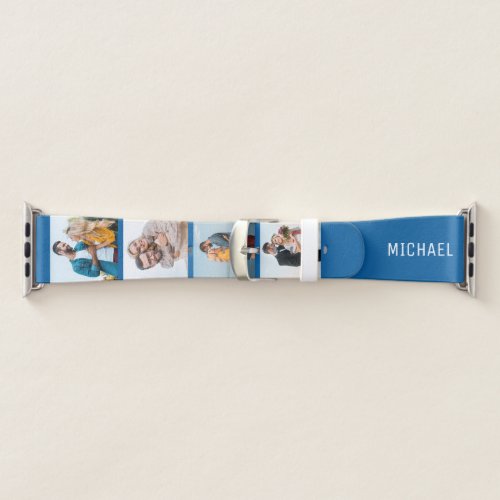 Personalized Name 4 Photo Collage Blue White Apple Watch Band