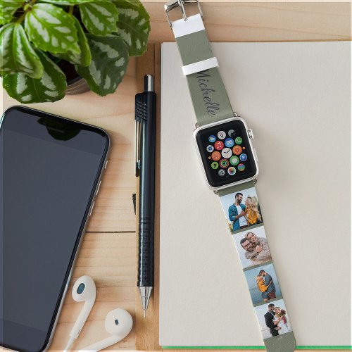 Personalized Name 4 Photo Collage Green and Grey Apple Watch Band