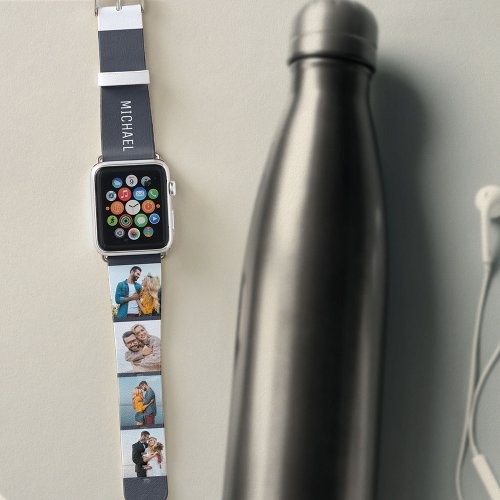 Personalized Name 4 Photo Collage Grey White Apple Watch Band