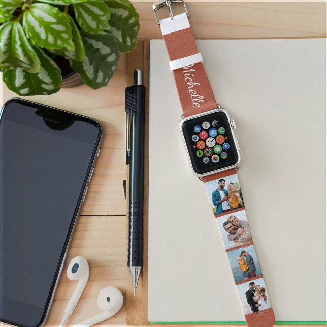Personalized Name 4 Photo Collage Spice and White Apple Watch Band (Creator Uploaded)