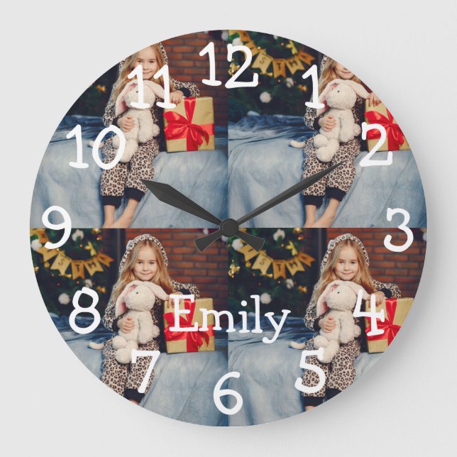 Personalized Name 4 Photos Collage Large Clock (Front)