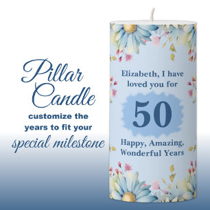 Personalized name 50 years gerbera flowers blue pillar candle