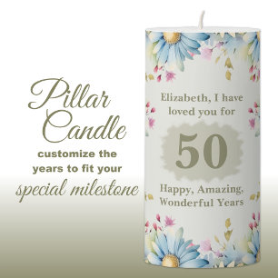 Personalized name 50 years gerbera flowers green pillar candle