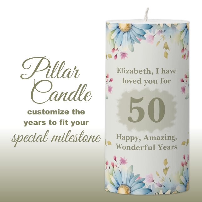 Personalized name 50 years gerbera flowers green pillar candle (Creator Uploaded)