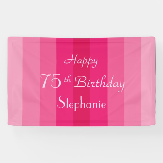 Personalized Name 75th Birthday Pink Stripe Banner (Horizontal)