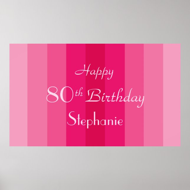 Personalized Name 80th Birthday Pink Stripes Poster (Front)