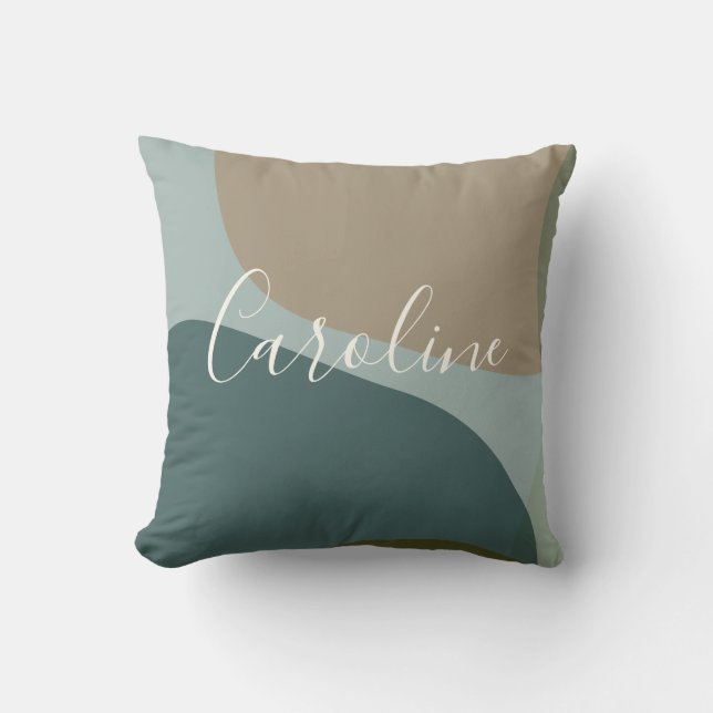 Personalized Name Abstract Earthy Teal Sage Green Throw Pillow (Front)