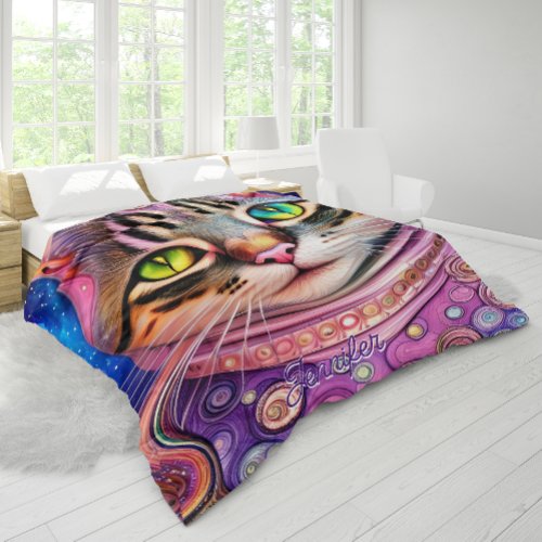 Personalized Name Abstract Pink Cat  Duvet Cover