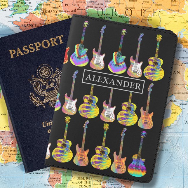 Personalized Name Acoustic Electric Guitar Art Passport Holder (Personalized monogram name modern colorful acoustic electric guitar art passport cover)