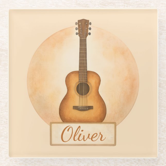 Personalized Name Acoustic Guitar For Music Lovers Glass Coaster (Front)