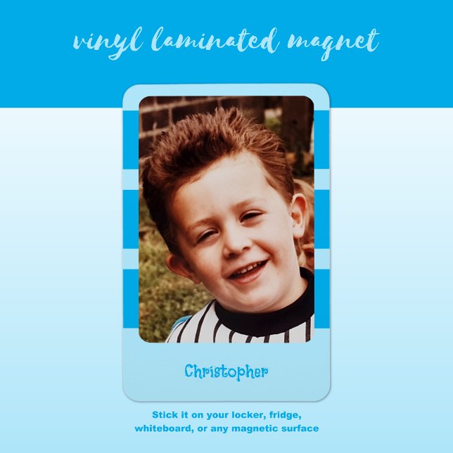 Personalized name add photo with blue stripes magnet (Creator Uploaded)