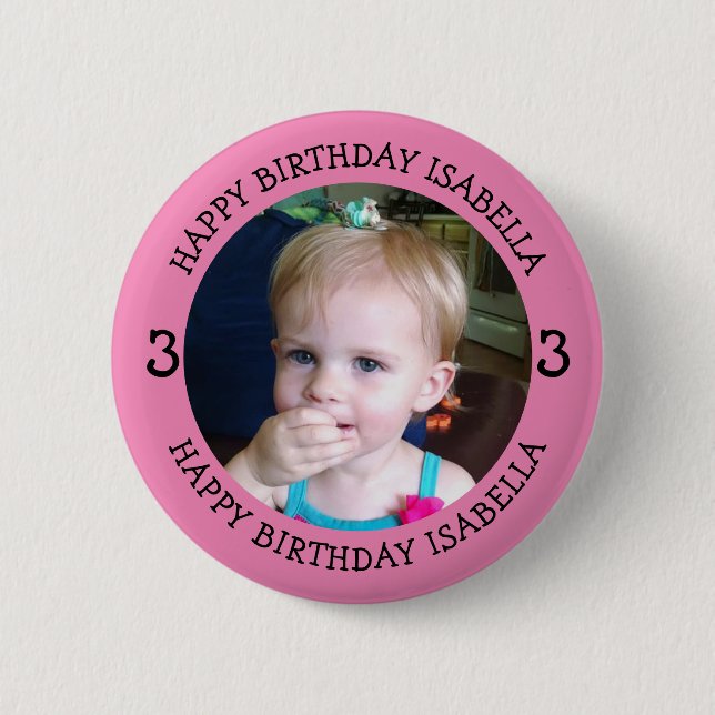 Personalized Name, Age and Photo Birthday   Button (Front)