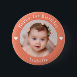 Personalized Name, Age And Photo Birthday Peach Button<br><div class="desc">Adorable personalized name,  age and photo birthday peach button.</div>