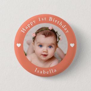 Personalized Name, Age And Photo Birthday Peach Button